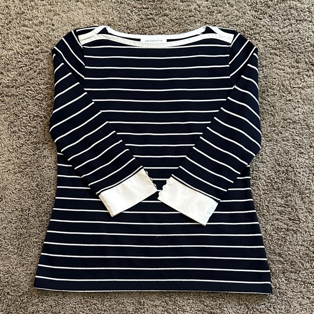 Liz Claiborne Navy and White Striped Long Sleeve Tee